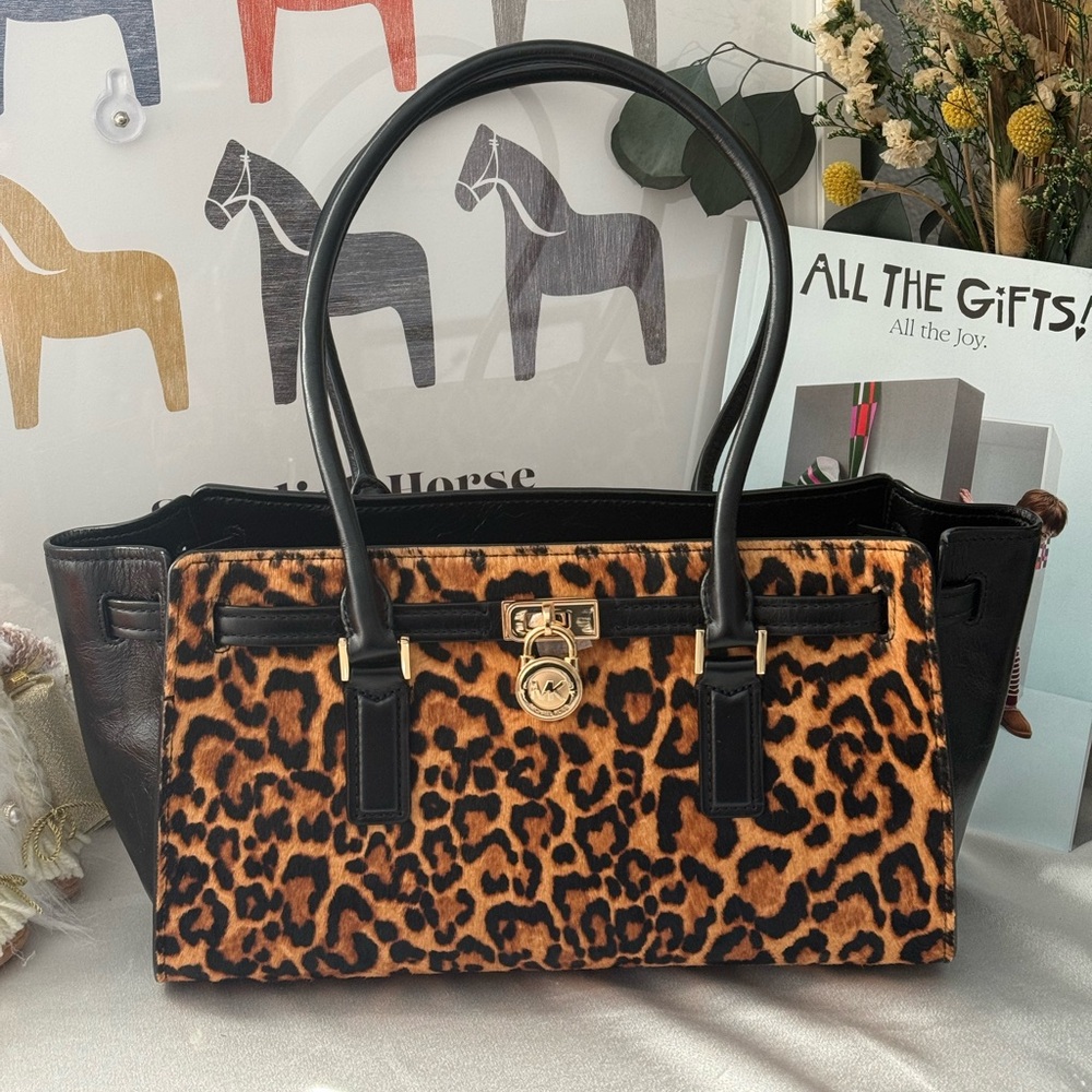 Michael Kors Black Leather & Leopard Print Tote Bag
